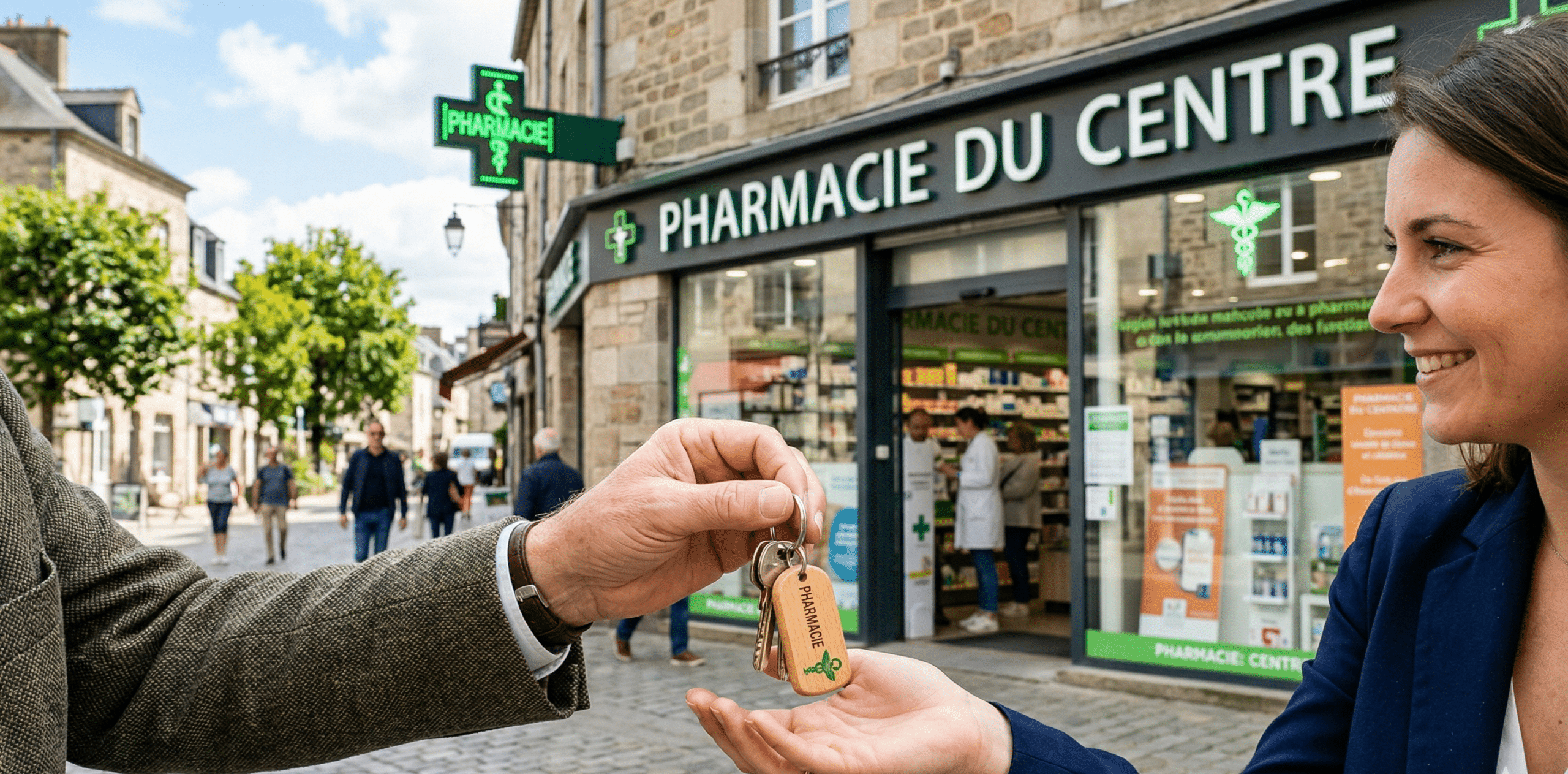 ue rapprochée d'un homme âgé tendant des clés à une jeune femme souriante, devant la 'Pharmacie du Centre' sur une rue pavée historique. Le porte-clés en bois porte l'inscription 'PHARMACIE' gravée.